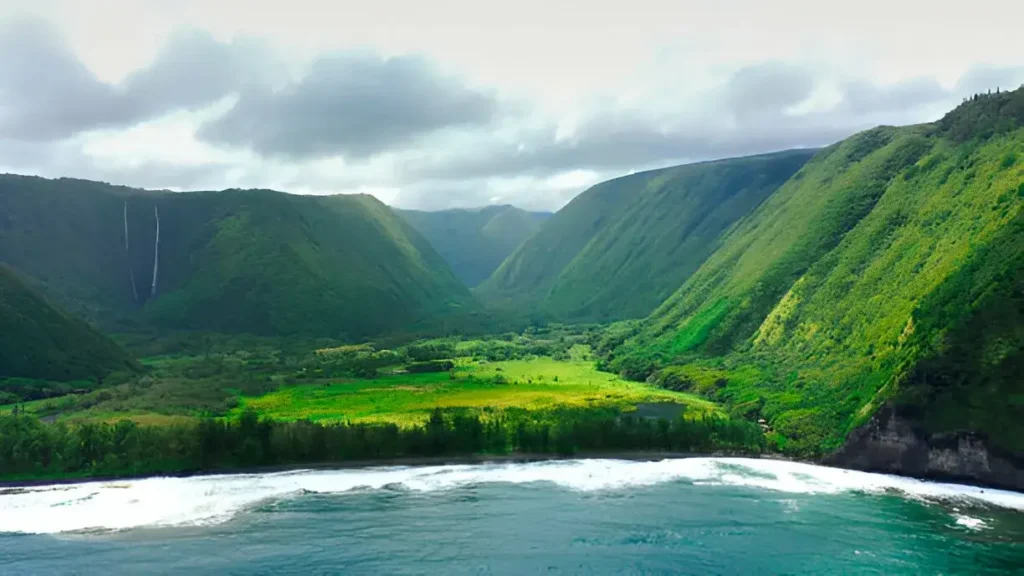 Aerial of Waipio bay and valley in Big Island Hawaii