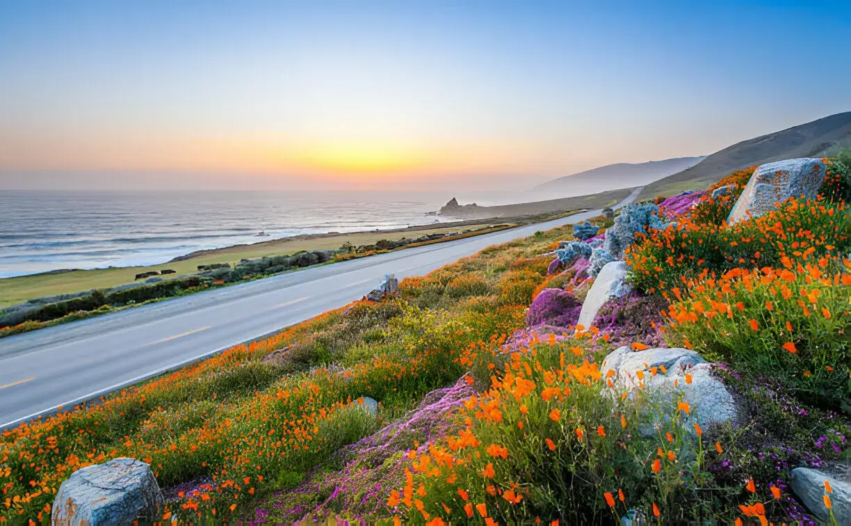 Best Places to Visit in America This Season, wild flowers and California coastline in Big Sur at sunset