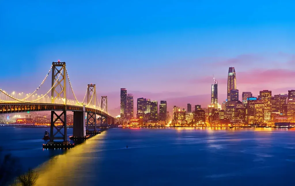 Side view of San Francisco skyline at sunset, California, USA