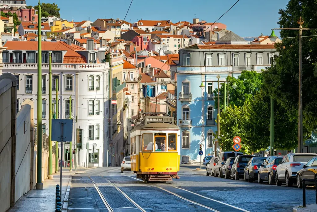 tram on line 28 in lisbon, portugal